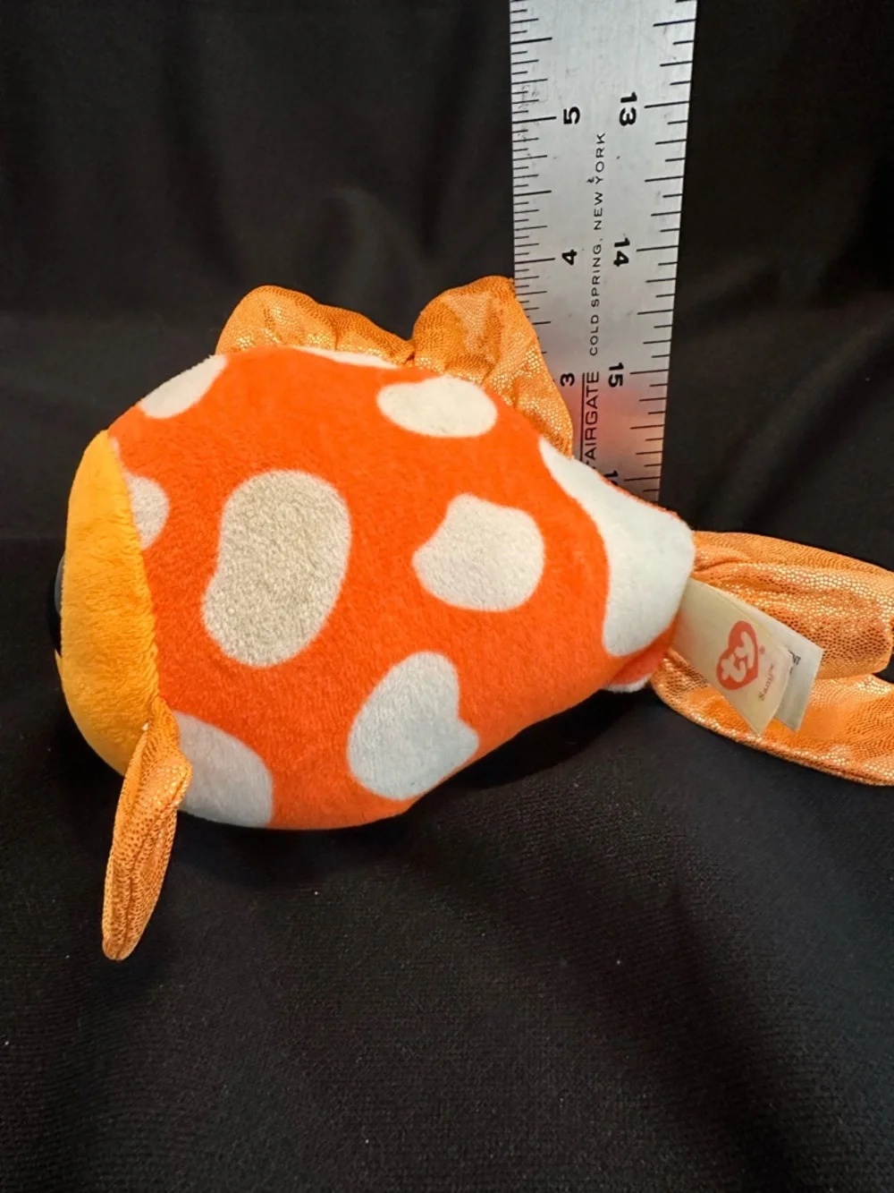 Ty Beanie Boos ‘Sami’ Orange White Polka Dot Fish Plush with Blue Sparkle Eyes